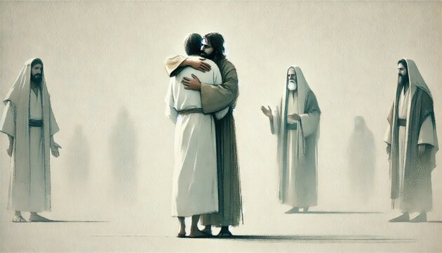 Judas betraying Jesus. Digital illustration.