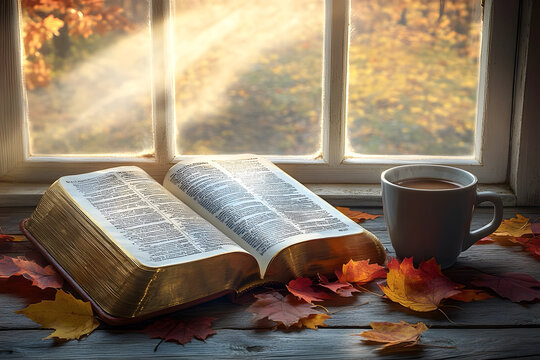 A bible book, cup of coffee and autumn leaves with rays of light