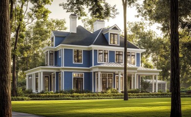 New construction home in Washington state with blue exterior walls and white trim, featuring large windows on the front of each room, lush green grass at its base, surrounded by trees and oth
