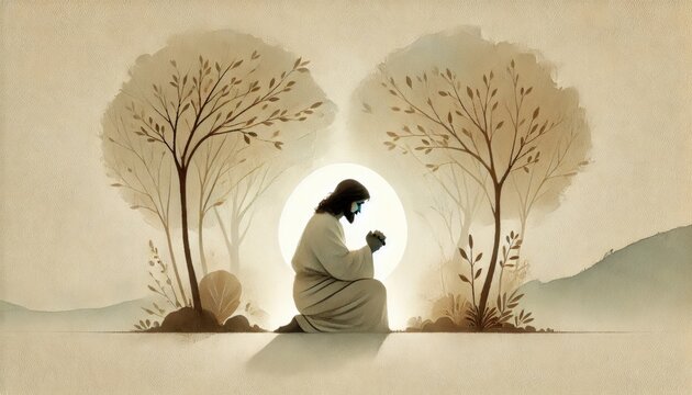 Jesus praying fervently in the Garden of Gethsemane, asking for strength. Digital painting.