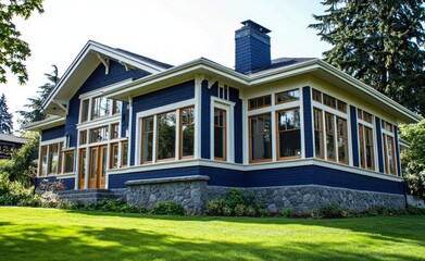 Fototapeta premium New construction home in Louisiana, with a blue and white exterior color theme