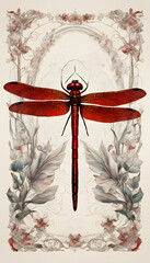 Obraz premium A detailed illustration of a red dragonfly with intricate wing patterns, set against a soft background.