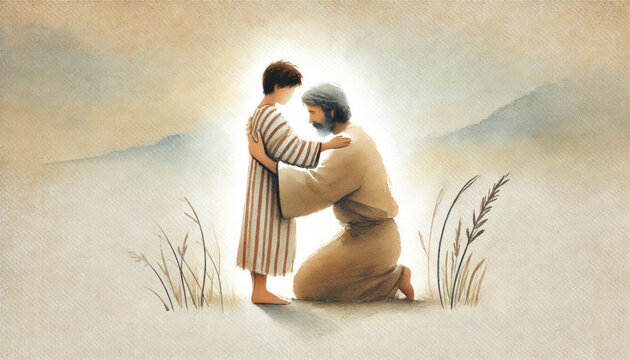 The Prodigal Son (Luke 15:11&ndash;32): The son&rsquo;s return and the father&rsquo;s joyful embrace. Digital illustration.