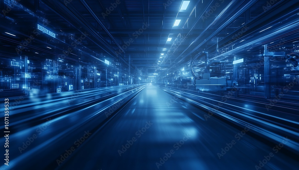 Aufkleber a futuristic corridor illuminated by blue lights, conveying a sense of speed and technology, creatin