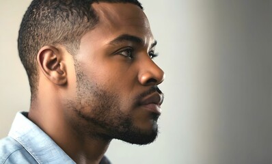 Obraz premium Profile of handsome black man on copy space background , being with his deep thoughts, experiences emotions in daily life