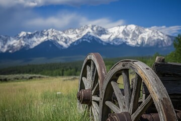 Fototapeta premium Rustic wagon wheels with snowy mountain backdrop in scenic landscape