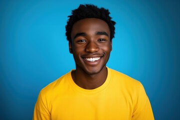 Bright Portrait of a Smiling Man in Yellow Shirt. Generative AI.