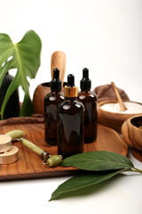 Amber Glass Dropper Bottles with Wooden Tray and Spa Accessories