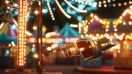 Merry-go-round in amusement park at night, closeup