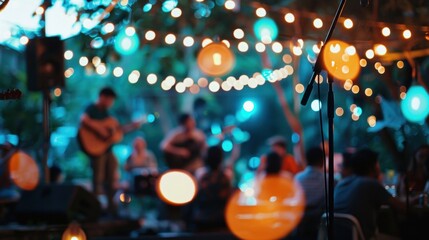 Fototapeta premium Glimmering lights and blurred shapes in an outdoor musical gathering