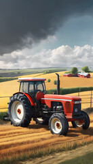 Fototapeta premium A tractor with large tires on a dirt path in a rural landscape, with fields.