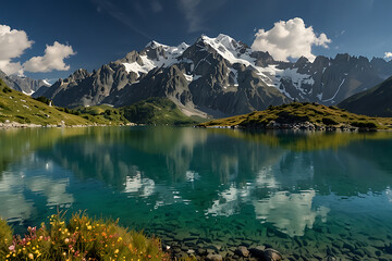 A Colorful summer panorama of the Lac Blanc lake with Mont Blanc on background.