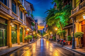 Fototapeta premium Nocturnal Bangkok stillness, 2024; empty streets captured.