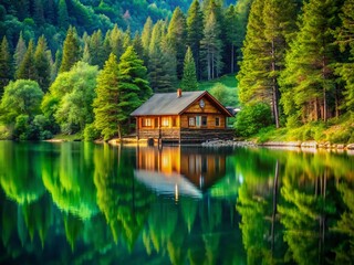 Obraz premium Outdoors, tranquil cabin, rule-of-thirds composition, nature's scenic beauty.