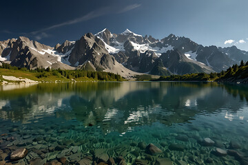 A Colorful summer panorama of the Lac Blanc lake with Mont Blanc on background.