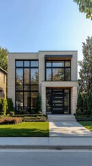 A beautifully designed modern suburban home with large windows, a minimalist front yard, and a sleek driveway.