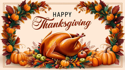A vibrant and festive digital illustration showcasing a joyful Thanksgiving scene, rendered in stunning HD quality, featuring a prominent, golden-brown turkey at its centerpiece, surrounded by an artf