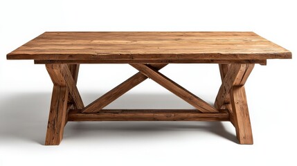 Fototapeta premium A rustic wooden table with a sturdy design, showcasing natural textures and a crossbeam structure, perfect for gatherings or dining spaces.