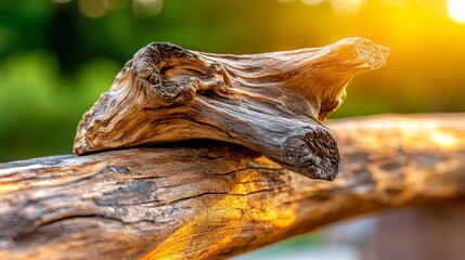 Obraz premium A close-up of a textured wooden log illuminated by sunlight, showcasing its natural details and warm tones.
