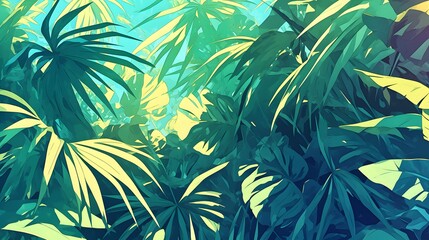 A unique tropical background with palm leaves in vibrant colors, perfect for a lively, summer-themed anime style.