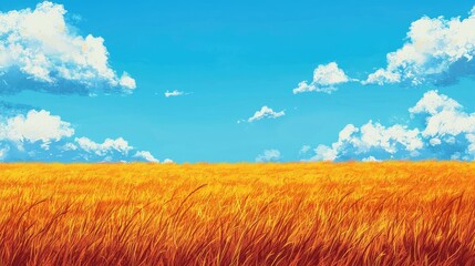 Fototapeta premium A field of golden wheat under a blue sky with white clouds.