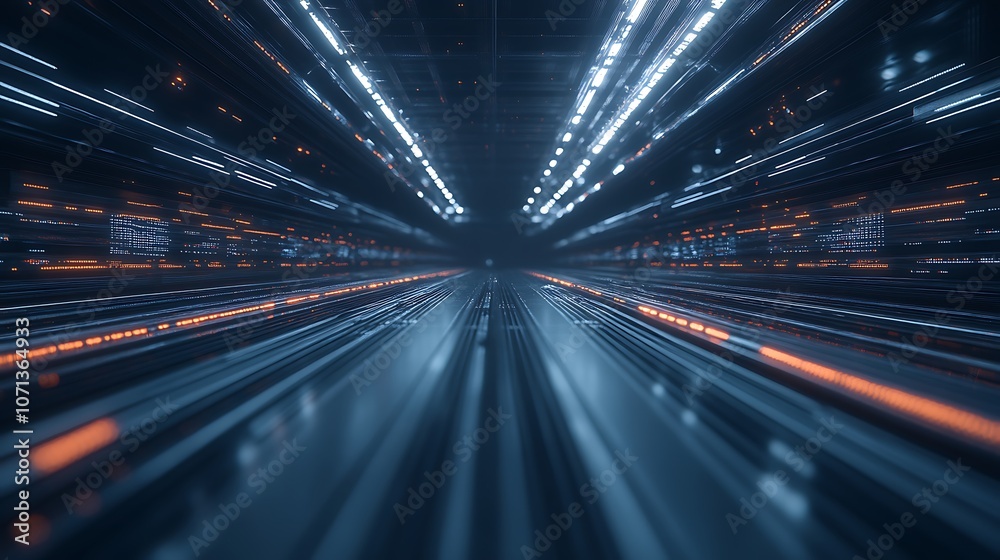 Aufkleber a futuristic, abstract scene with streaks of light moving intensely through a dark, digital environm