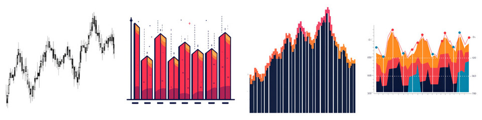 Obraz premium Colorful data visualizations display various statistical trends through line charts, bar graphs, and waveforms.
