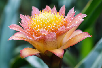 Fototapeta premium closeup of a vibrant pink and yellow tropical flower with water droplets in a garden setting