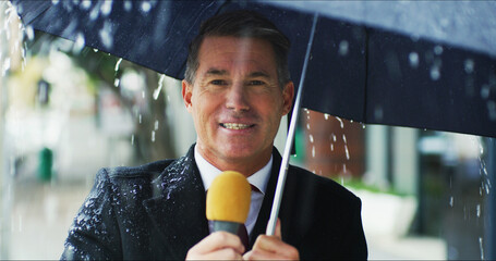 News reporter, man and portrait with broadcast in rain for weather forecast, climate prediction and...
