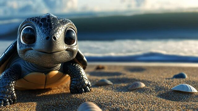 A cute baby sea turtle sitting on a sandy beach with the ocean in the background.
