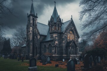 A dramatic Gothic Revival-style church with towering spires