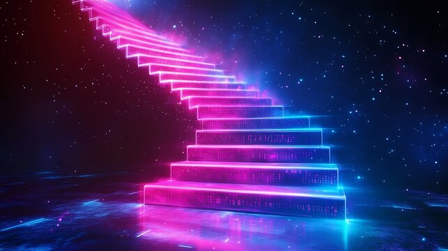 A digital staircase made of glowing binary code, A futuristic digital background with neon-glowing