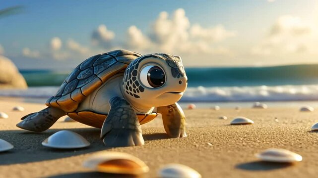 A cute cartoon sea turtle crawls on the beach with seashells beside it.