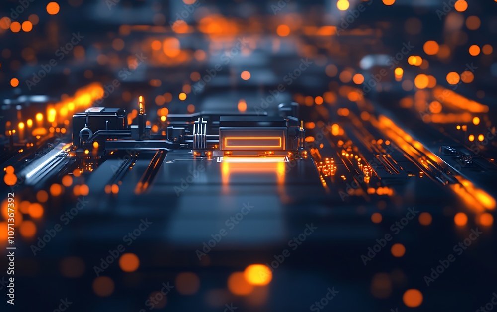 Poster a futuristic microchip circuit emits glowing orange lights, symbolizing advanced technology and digi
