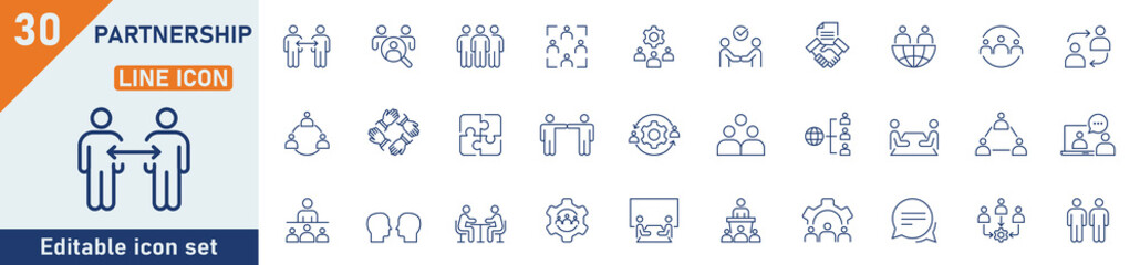 Partnership line icon set. Set of 30 outline icons related to agreement,  cooperation, conversation, teamwork and others. Editable stroke. Vector illustration.