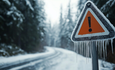 Snow-covered road sign with warning symbol, surrounded by frosty trees in a winter landscape.
