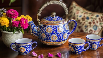 Fototapeta premium Colorful Teapot and Cups with Flowers on Wooden Table