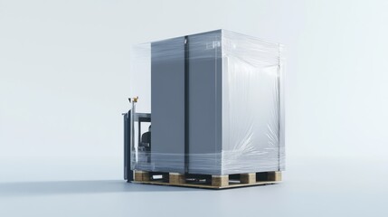 Pallet Wrapping Machine, realistic pallet wrapper, on white, with clear plastic wrap details