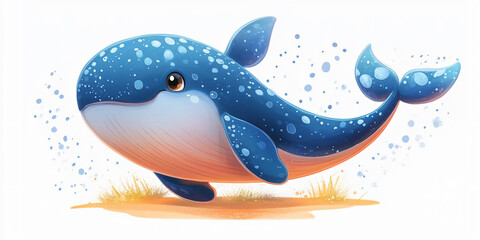 Obraz premium A cute blue whale cartoon illustration with a white background.