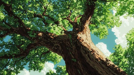 Obraz premium A low angle view of a large, leafy tree with its branches reaching towards the blue sky.