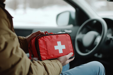 A person holding a red first aid kit inside a car, emphasizing safety and preparedness.