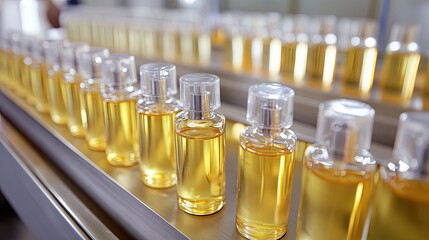 Rows of Bottles Filled with Golden Liquid in Factory Line