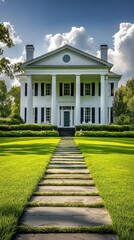Fototapeta premium A grand colonial-style house with white pillars, black shutters, and a perfectly manicured lawn.