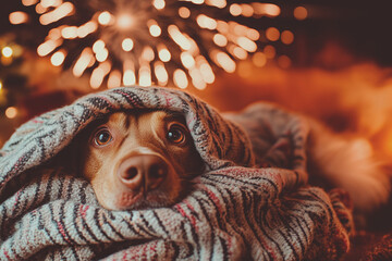 scared dog hides under blankets, trembling from fireworks and noise during a celebration.stock images related to pets, fireworks anxiety, holiday stress, and domestic life.