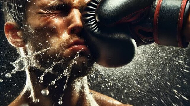A man with boxing gloves on, punching his face, slow motion