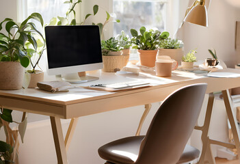 Minimalist Office with Notebook and Plants
