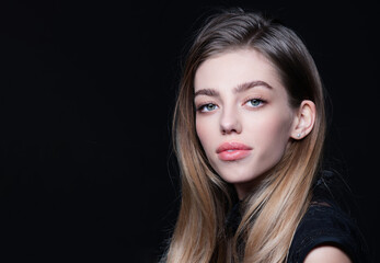 Fototapeta premium Portraits of young model, close up sexy female face. Beauty portrait of sensual woman. Portrait of sexy model. Sensual woman face. Closeup portrait of pretty girl. Vogue look. Fashion girl portrait.