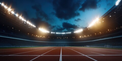 Under a twilight sky, an almost empty stadium glows with soft lights, capturing a serene and contemplative moment in a vast, open space.