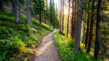 Naklejka premium A winding path through a lush forest leads to a sunlit clearing.