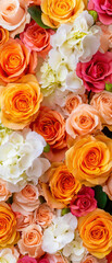 A vibrant collage of roses in various shades, including orange, pink, and white, creating a beautiful floral display.